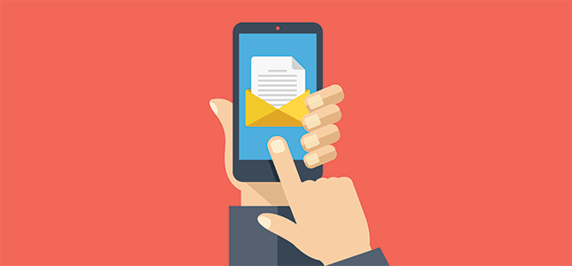 Cartoon art. A hand touching an email icon on a phone