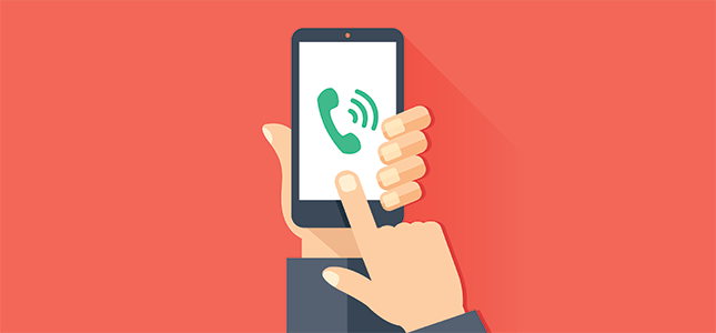 Cartoon art. A hand touching a call icon on a phone screen