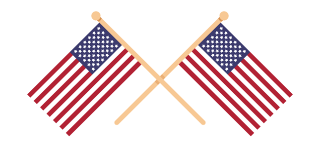 Cartoon art. Two American flags.