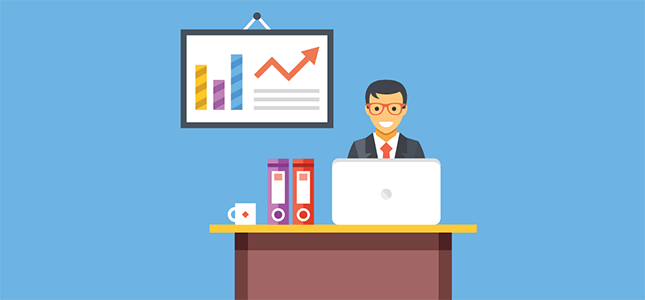 Cartoon art. A business man sitting behind a laptop at a desk grinning. A chart with infographics hang on the wall behind him.