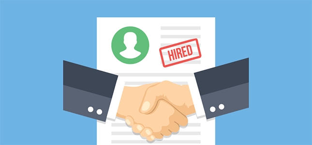 Cartoon art. Two arms in a handshake in front of a resume with the word "hired" stamped in red.